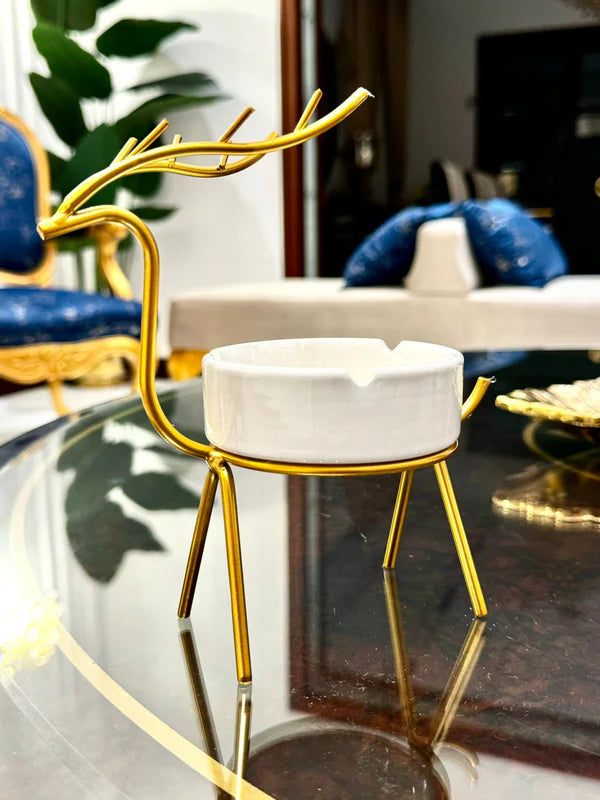 METALLIC GOLDEN GAZELLE STYLE ASH TRAY DECOR FOR TABLE AND HOME