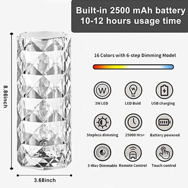 Crystal Diamond Table Lamps, Rechargeable Touch Sensor Crystal Lamp